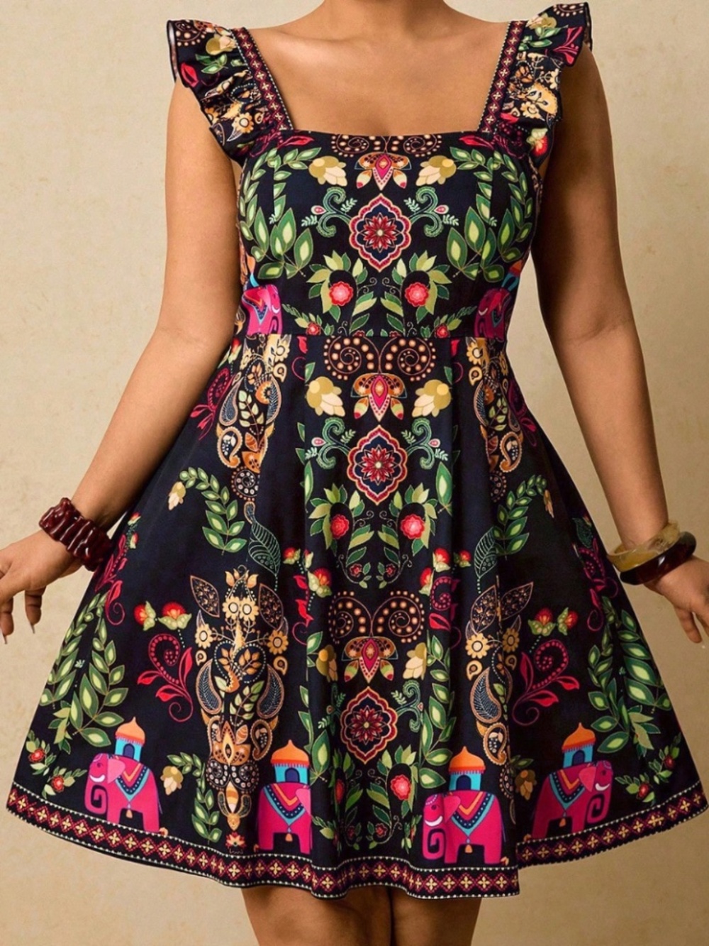 Boho A-Line Tie-Back Ruffle Sleeved Dress, Size 2X
